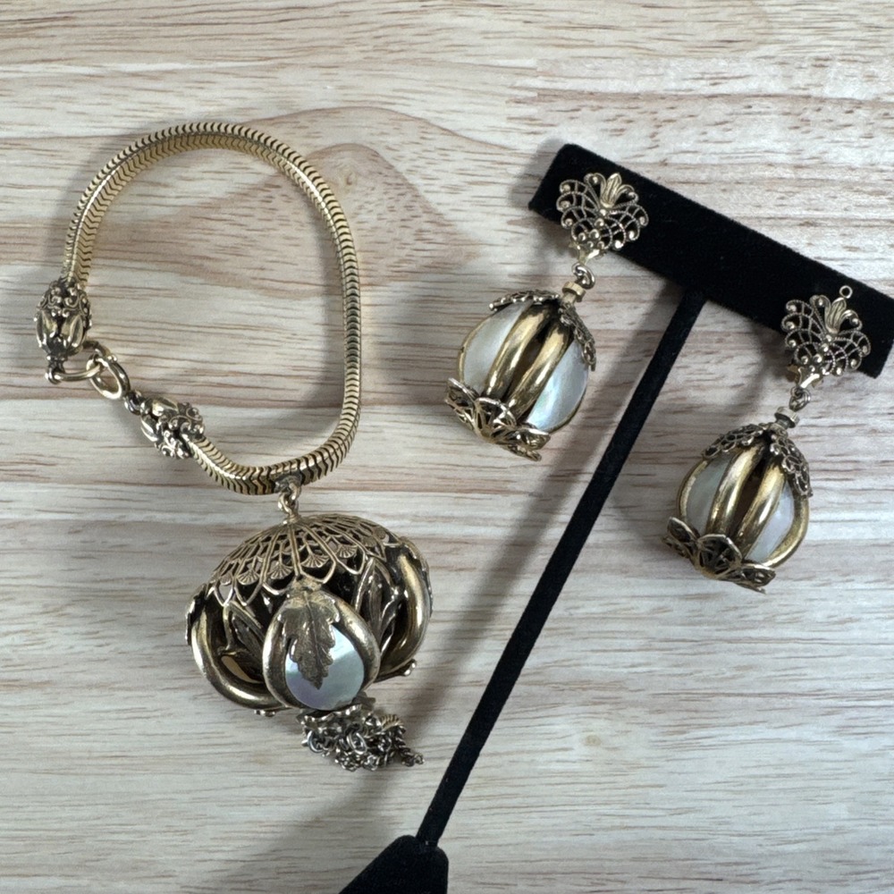 1940's Rectangular Gas Pipe Chain Lotus Bracelet & Clip On Earrings Set Germany?